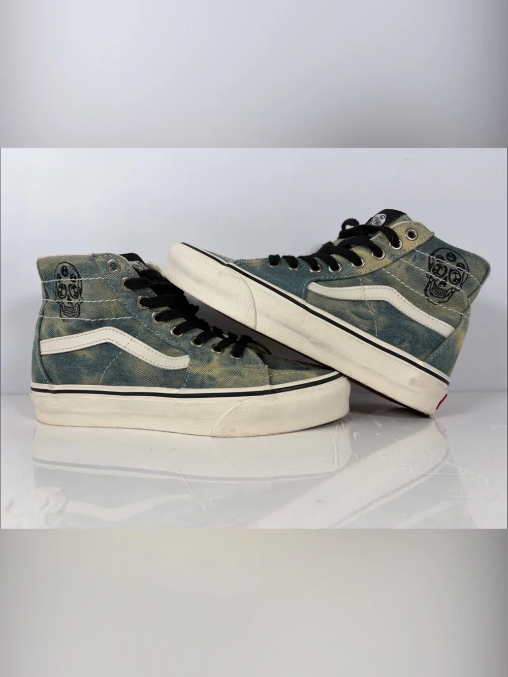Vans Sk8-Hi Skull Denim High Top Sneakers Blue Distressed Women 6 Men 4.5